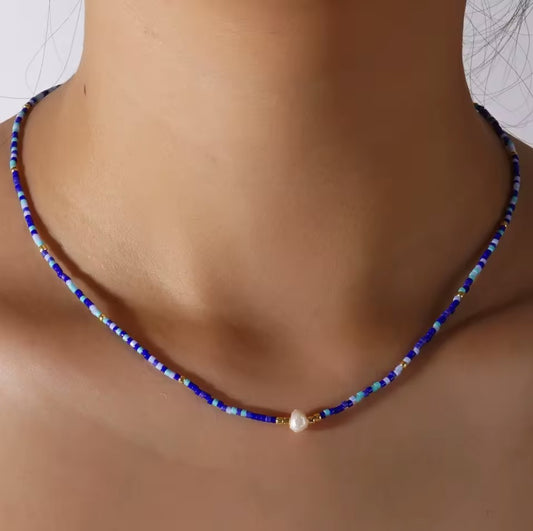 Boho Navy Blue Bead & Pearl Necklace