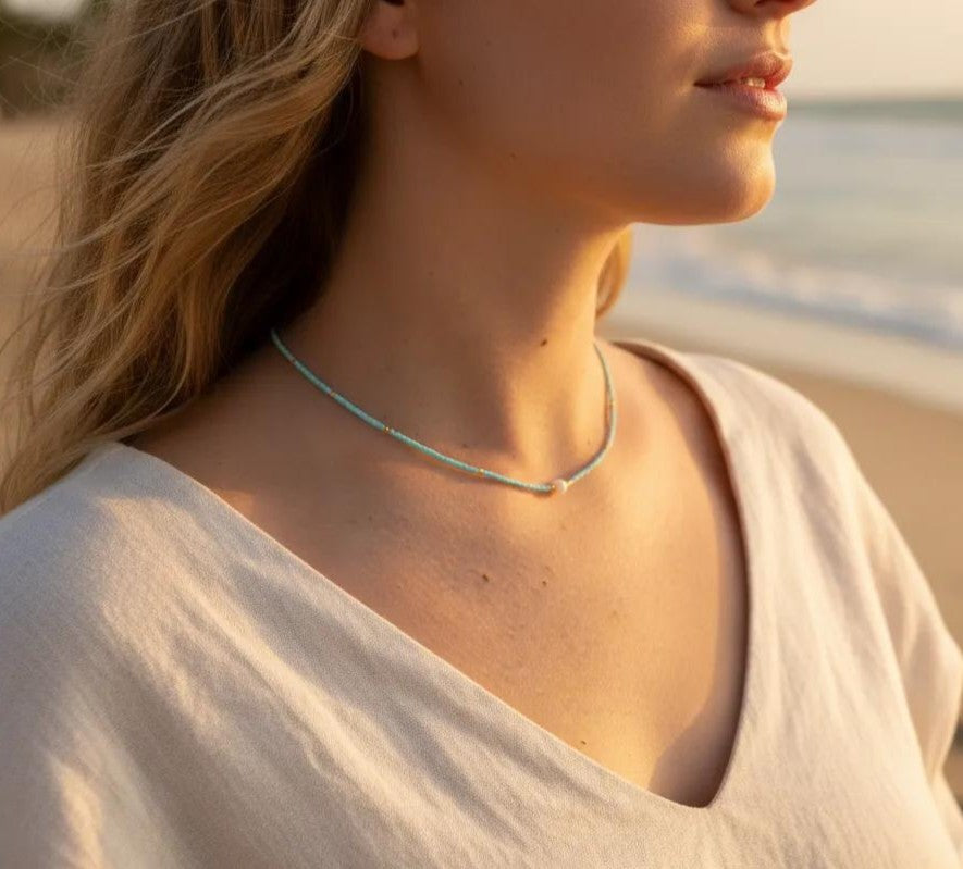 Boho Teal Bead & Pearl Necklace