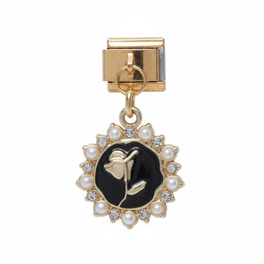 Gold Pearl Flower Black Italian Charm Bracelet