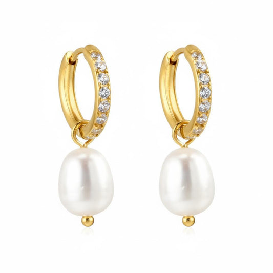 Pearl Hoop & White CZ Earrings