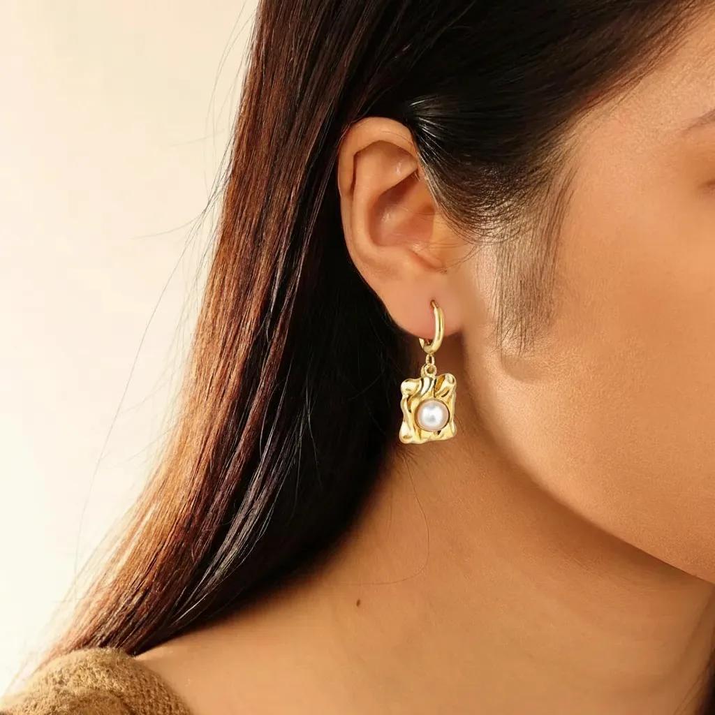 Rectangular Pearl Hoop Earrings