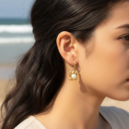 Rectangular Pearl Hoop Earrings