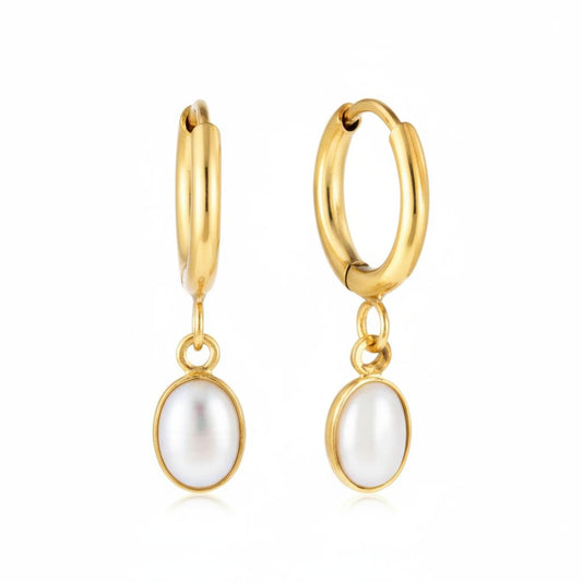 Oval White Pearl Hoop Earrings