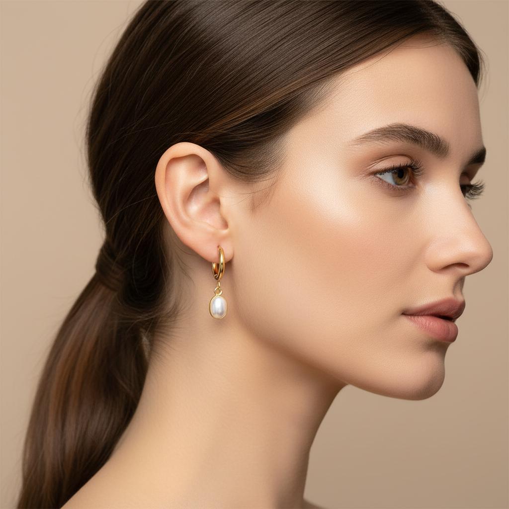 Oval White Pearl Hoop Earrings